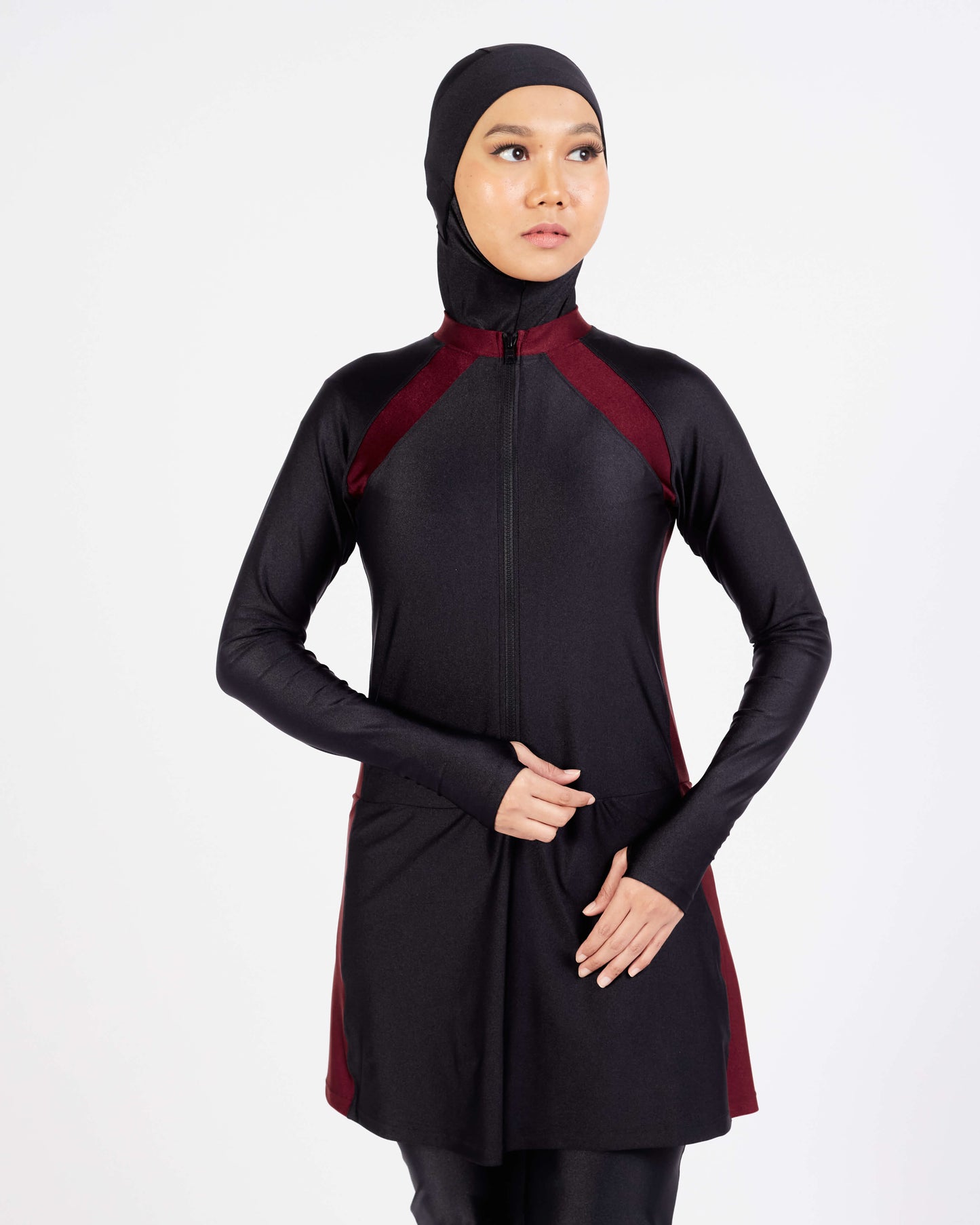 Sabrina Muslimah Swim Dress Top with long zipper and red trim at shoulder and sides.