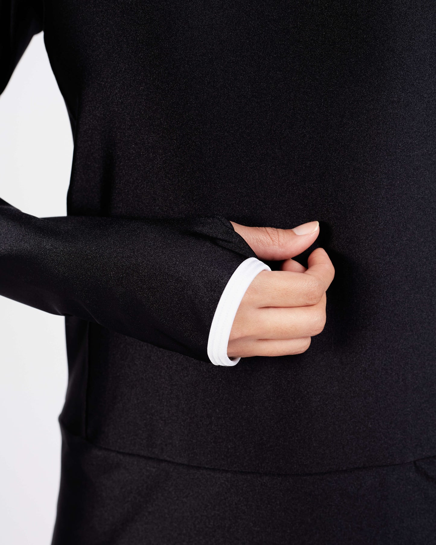 Thumbholes to prevent sleeves from riding up.  White trim at sleeve opening..