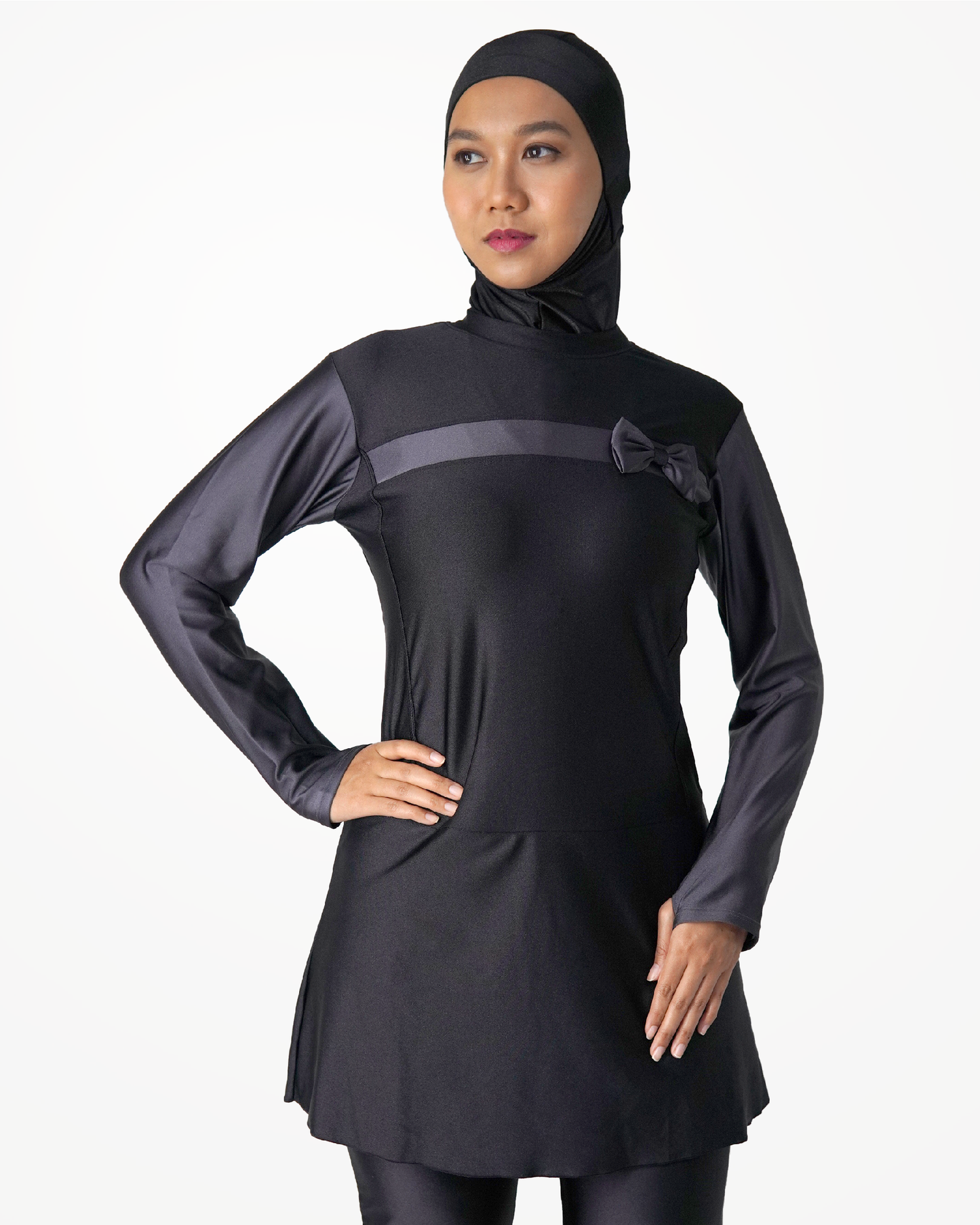 Muslimah Swimsuit Allure Dress Top Black and Grey with ribbon and grey strip across chest