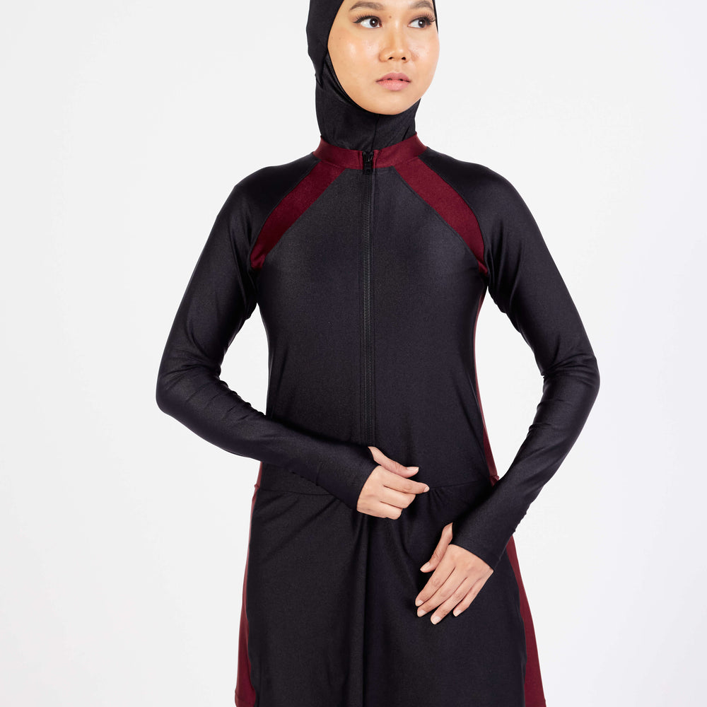 Sabrina Muslimah Swim Dress Top with long zipper and red trim at shoulder and sides.