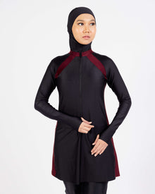  Sabrina Muslimah Swim Dress Top with long zipper and red trim at shoulder and sides.