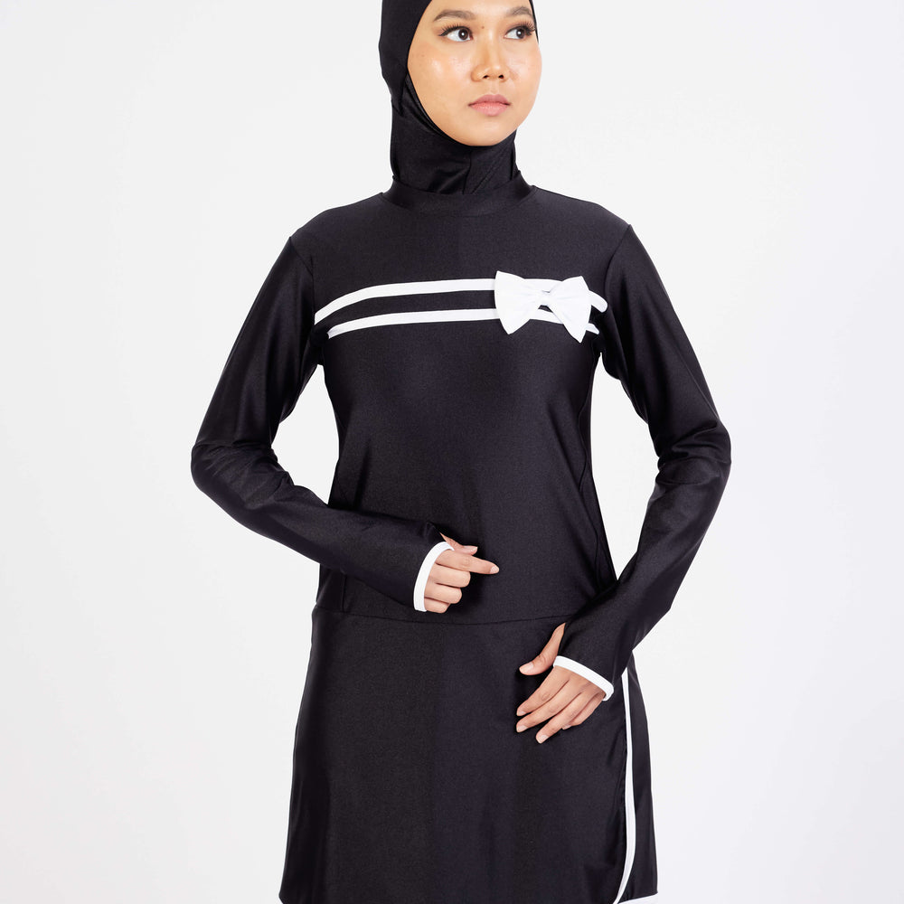 Ashley Muslimah Swimwear Dress Top with white ribbon and white trim at chest, hem and sleeve opening