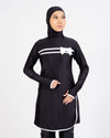 Ashley Muslimah Swimwear Dress Top with white ribbon and white trim at chest, hem and sleeve opening