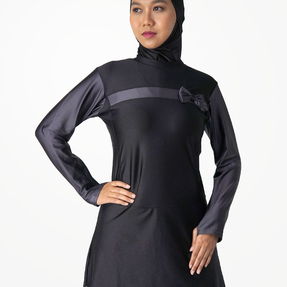 
                  
                    Muslimah Swimsuit Allure Dress Top Black and Grey with ribbon and grey strip across chest
                  
                